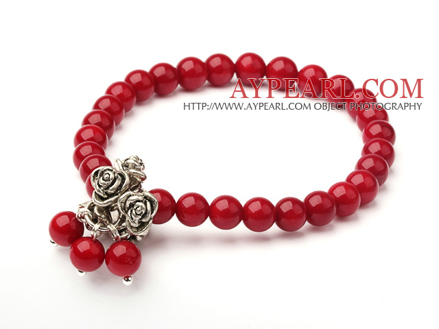 6mm Round Red Coral Elastic Bangle Bracelet with Metal Rose Accessories