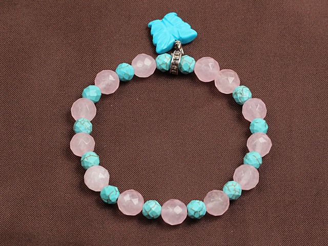 Summer Beach Jewelry Faceted Turquoise Rose Quartz Beads Elastic/ Stretch Bracelet With Butterfly Charm