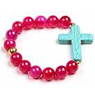 Simple Style Single Strand Rose Red Agate Beads Stretch / Elastic Bracelet With Blue Turquoise Cross Charm