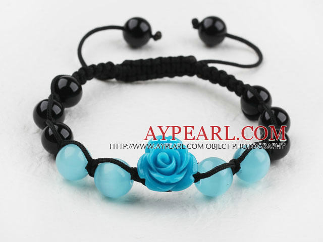 Fashion Style Black Agate and Cat's Eye and Imitation Turquoise Flower Woven Drawstring Bracelet