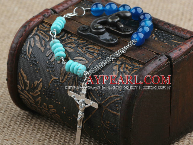 Ассорти голубой агат и бирюзовый браслет с металлической цепочкой и крест кулон