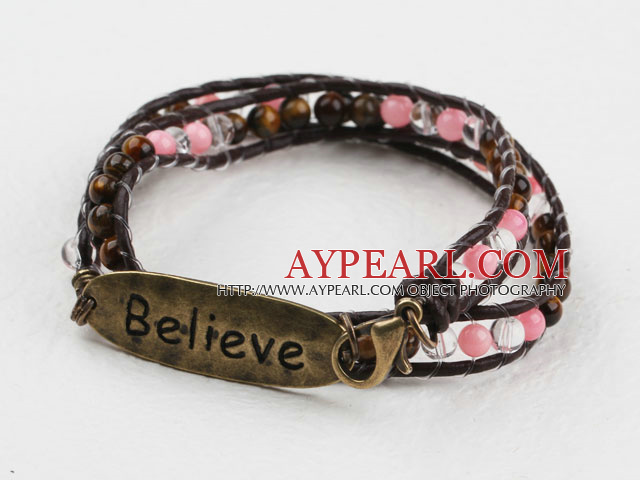 Assorted Clear Crystal und Tiger Eye und Pink Coral Weaved Wrap Friendship Armband mit Bronze Zubehör