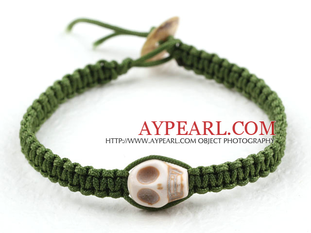 6 Pieces Fashion Style Howlite Skull Woven Halloween Bracelet with Dark Green Thread