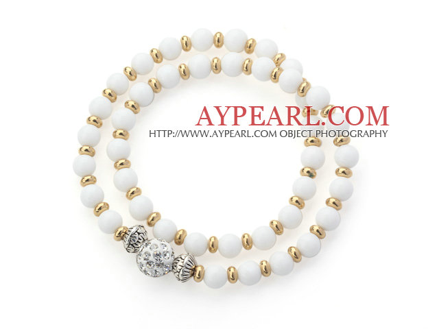 Double Rows White Porcelain Stone and Golden Color Beads Stretch Bangle Bracelet with White Rhinestone Ball