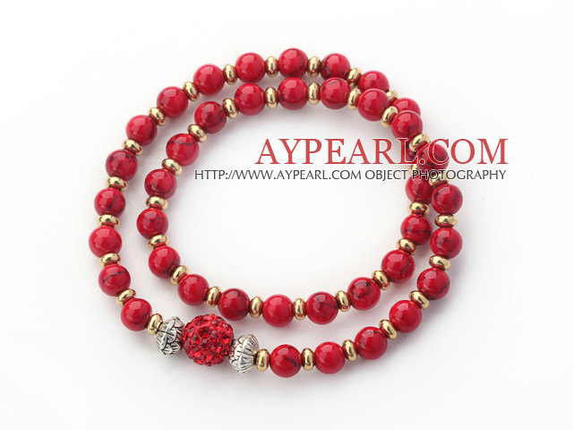 Double Rows Red Alaqueca Beads and Golden Color Beads Stretch Bangle Bracelet with Red Rhinestone Ball