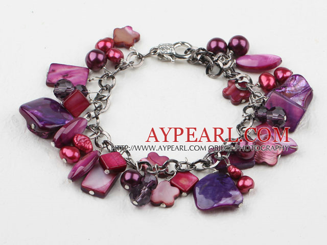 Purple Red Series Purple Red Freshwater Pearl Shell and Crystal Bracelet with Metal Chain