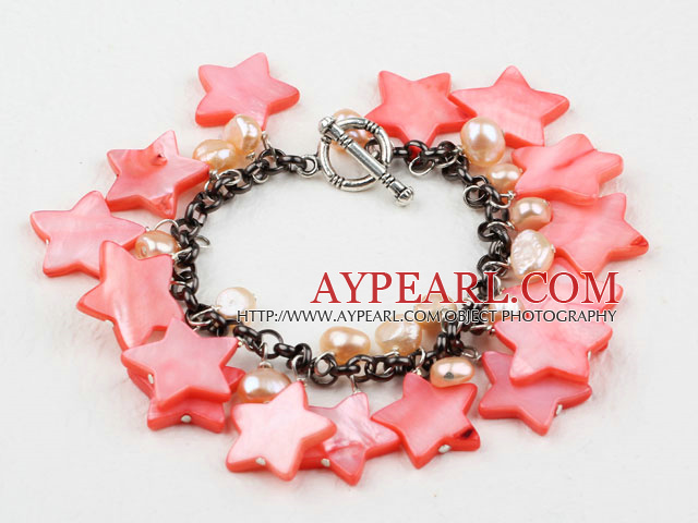 Pink Series Pink Freshwater Pearl Shell and Crystal Bracelet with Metal Chain