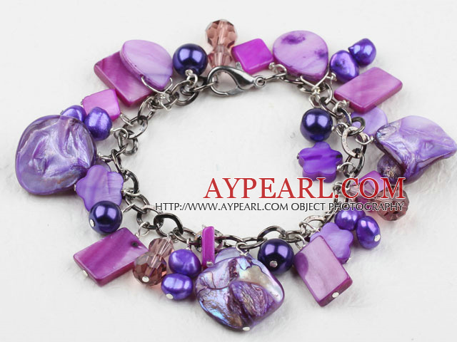 Purple Series Purple Freshwater Pearl Shell and Crystal Bracelet with Metal Chain