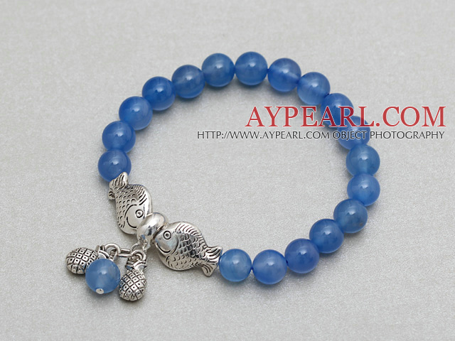 8mm ronde agate bleue bracelet extensible Bracelet avec deux accessoires de poissons