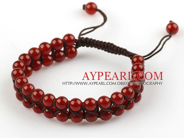 Fashion Style Two Rows 6mm Round Carnelian Beaded Woven Drawstring Bracelet