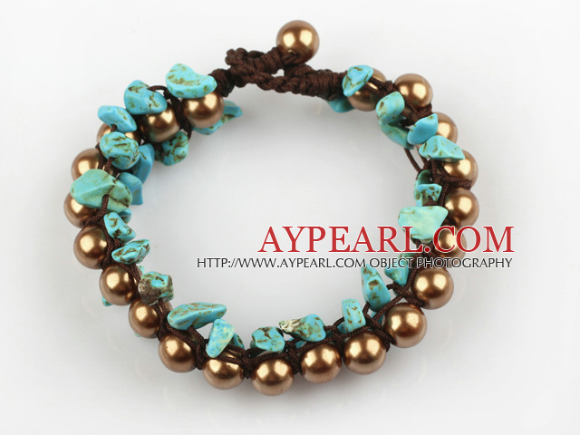 Fashion Style Three Layer Turquoise Chips and Brown Shell Beads Bracelet
