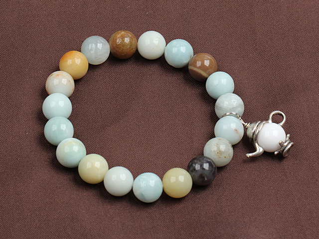 Fashion Multi Color Amazon Stone Elastic/ Stretch Bracelet With Teapot Charm