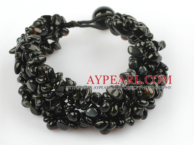 Black Series Wide Style Black Agate Chips Woven Bracelet