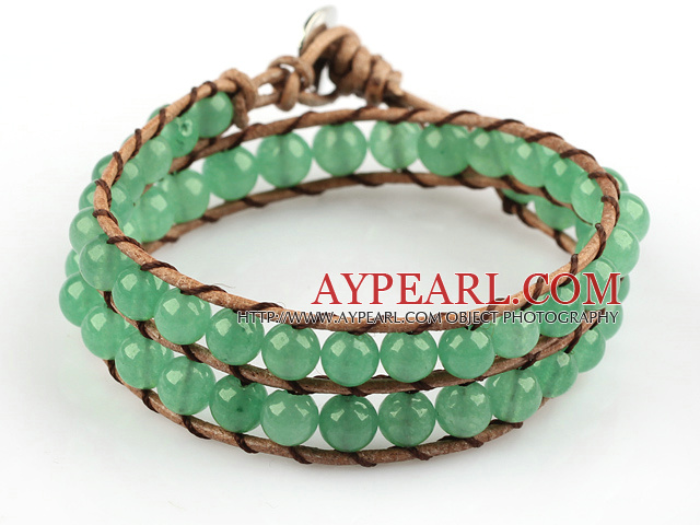 6mm Round Aventurine Wrap Bangle Bracelet with Leather Cord with Metal Clasp