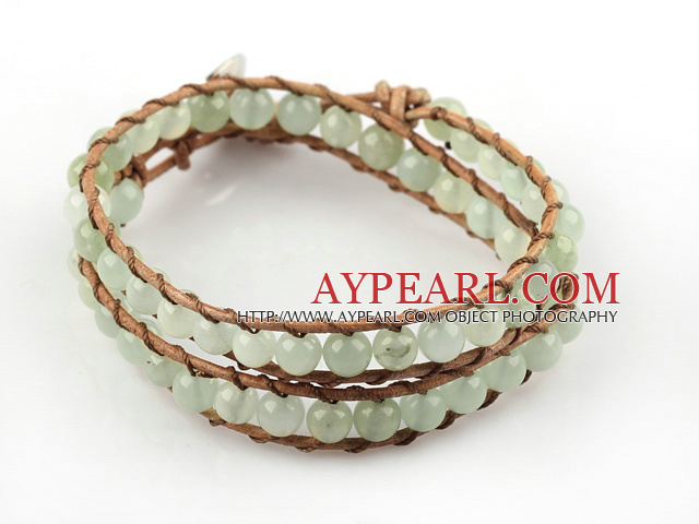 6mm Round Serpentine Jade Wrap Bangle Bracelet with Leather Cord with Metal Clasp