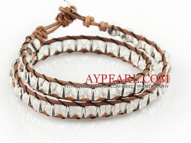 6mm Round Clear Crystal Wrap Bangle Bracelet with Leather Cord with Metal Clasp