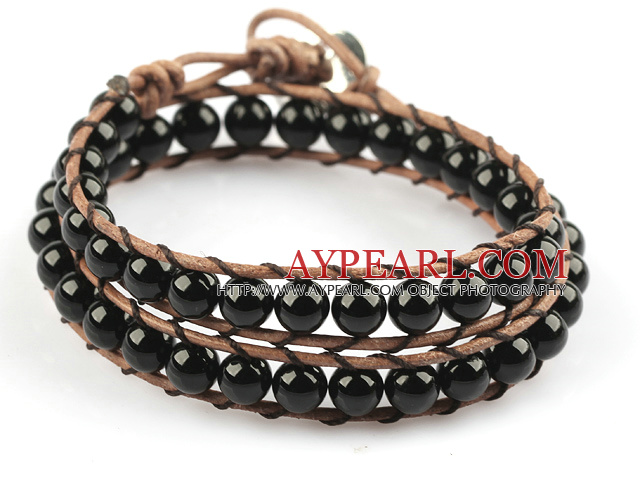 6mm Round Black Agate Wrap Bangle Bracelet with Leather Cord with Metal Clasp