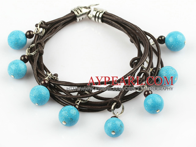 Schöne Style Multi Strands runden blauen Türkis und Granat Leather Bracelet