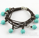 Lovely Style Multi Strands Round Burst Pattern Turquoise and Garnet Leather Bracelet