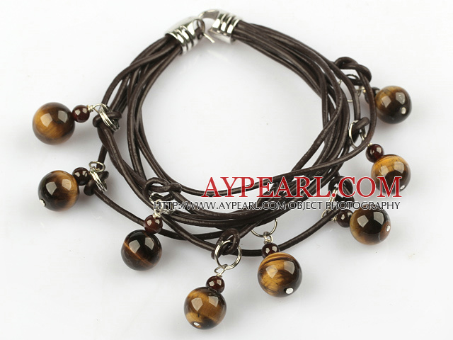 Lovely Style Multi Strands Round Tiger Eye and Garnet Leather Bracelet