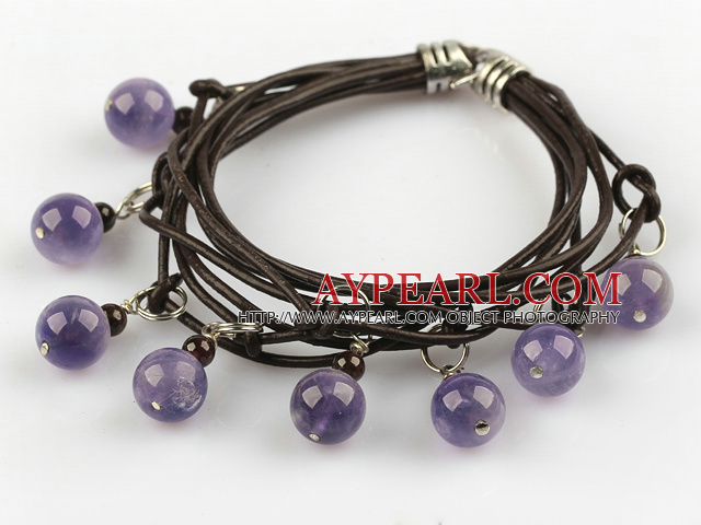 Lovely Style Multi Strands Round Amethyst and Garnet Leather Bracelet