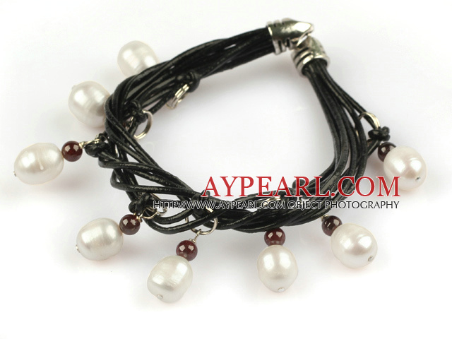 Lovely Style Multi Strands White Freshwater Pearl and Garnet Leather Bracelet