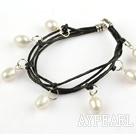 Lovely Style Multi Strands White Freshwater Pearl Leather Bracelet