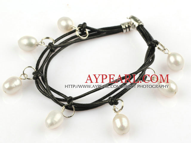 Lovely Style Multi Strands White Freshwater Pearl Leather Bracelet