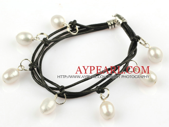 Schöne Style Multi Strands weißen Süßwasser-Zuchtperlen Leather Bracelet