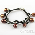 Lovely Style Multi Strands Brown Freshwater Pearl Leather Bracelet