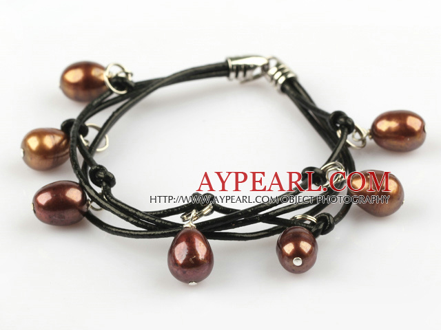 Lovely Style Multi Strands Brown Freshwater Pearl Leather Bracelet
