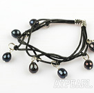 Lovely Style Multi Strands Black Freshwater Pearl Leather Bracelet