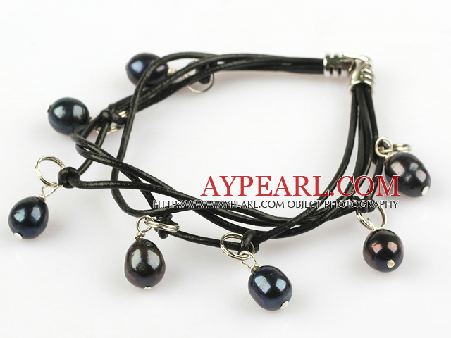 Lovely Style Multi Strands Black Freshwater Pearl Leather Bracelet