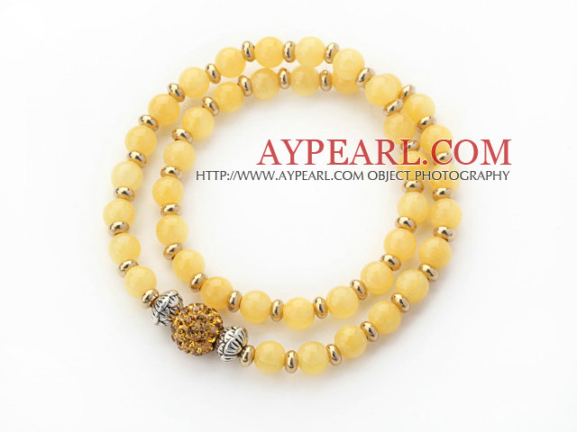 Doppelte Zeilen Gelbe Jade und goldene Farbe Perlen Stretch-Armband mit Strass Kugel Gelb