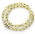 Wholesale Double Rows Light Green Olivine Stone and Golden Color Beads Stretch Bangle Bracelet with Green Rhinestone Ball