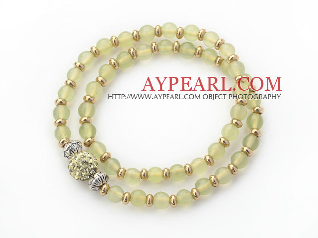 Double Rows Light Green Olivine Stone and Golden Color Beads Stretch Bangle Bracelet with Green Rhinestone Ball