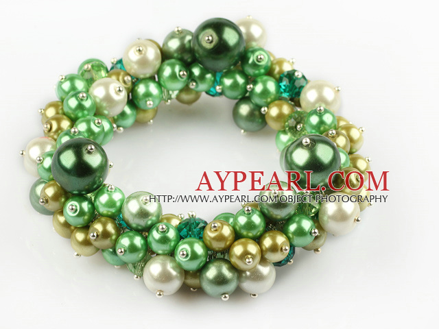 Green Series Assorted Round Shell Beads Stretch Bangle Bracelet
