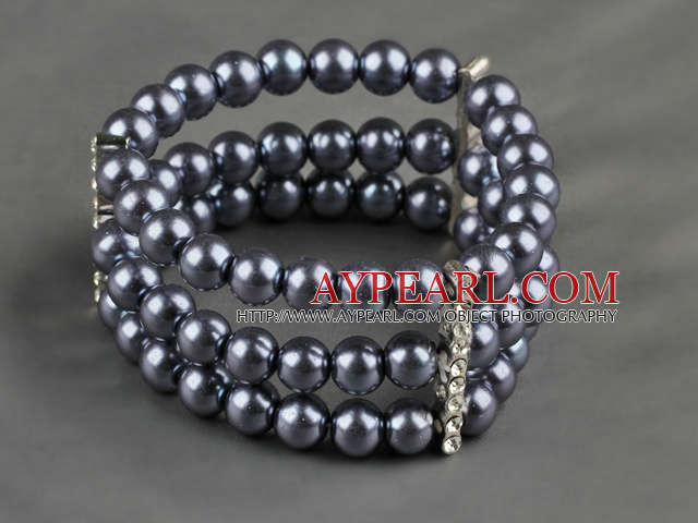 Three Rows 8mm Round Dark Gray Shell Beads and Rhinestone Stretch Bangle Bracelet