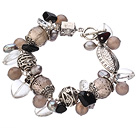 Wholesale Vintage Style Heart Shape Clear Crystal Natural Smoky Quartz Gray Agate Pearl Tibet Silver Accessory Charm Bracelet With Toggle Clasp