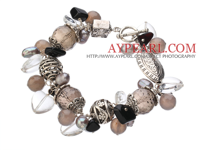 Style vintage Coeur en cristal clair Smoky quartz naturel agate grise perle Tibet Argent Accessoire Bracelet à breloques avec fermoir