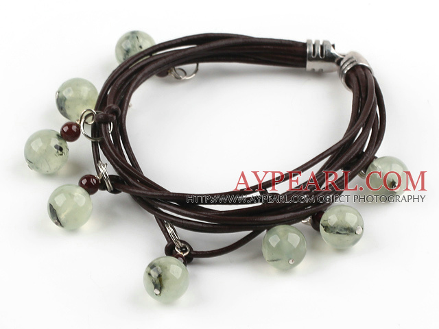 Multi Strands Grønn rutilated kvarts og Garnet armbånd med Lærsnøre