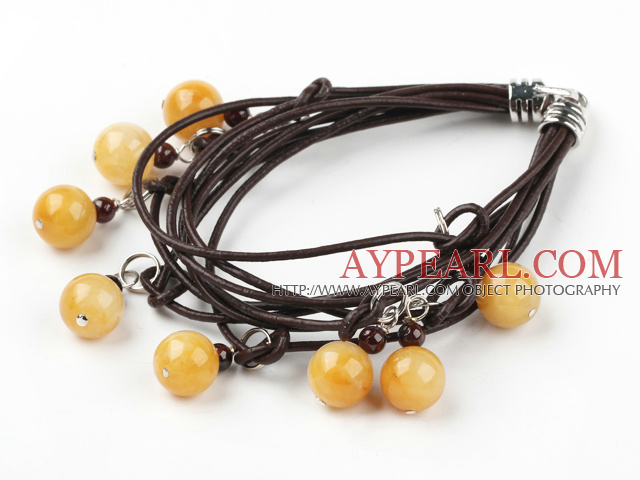 Multi Strand Old Yellow Jade and Garnet Bracelet with Leather Cord