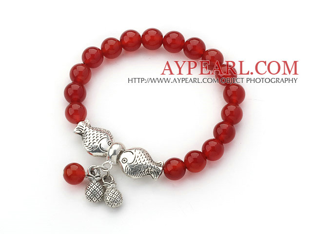 8mm ronde rouge Cornaline Bracelet extensible avec accessoires Thaïlande poissons d'argent