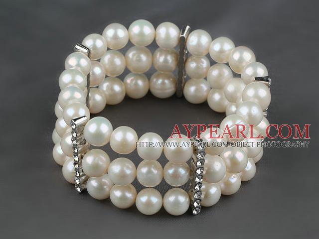 8.5-9mm Three Strands A Grade Natural White Freshwater Pearl Stretch Bangle Bracelet with Rhinestone