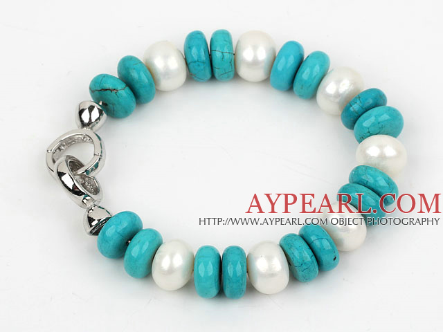 Classic Design Abacus Shape White Freshwater Pearl and Turquoise Bracelet