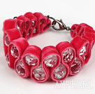 Fashion Style Clear Crystal and Rose Pink Velvet Ribbon Woven Bold Bracelet with Extendable Chain