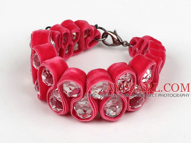 Fashion Style Clear Кристалл и Rose Pink Ribbon Velvet тканые Жирный браслет с раздвижной Сеть