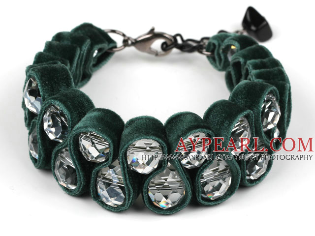 Fashion Style Clear Crystal and Dark Green Velvet Ribbon Woven Bold Bracelet with Extendable Chain