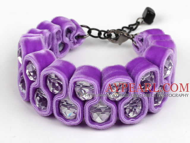 Fashion Style Clear Crystal and Purple Velvet Ribbon Woven Bold Bracelet with Extendable Chain