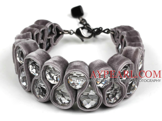 Fashion Style Clear Crystal and Gray Velvet Ribbon Woven Bold Bracelet with Extendable Chain